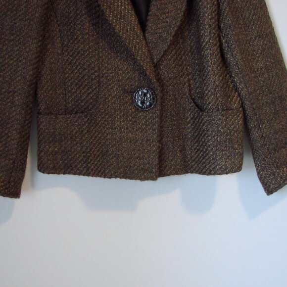 Tribal Wool Blend Brown Tweed Blazer Jacket One Button Pockets Office Size 10 - Picture 4 of 16